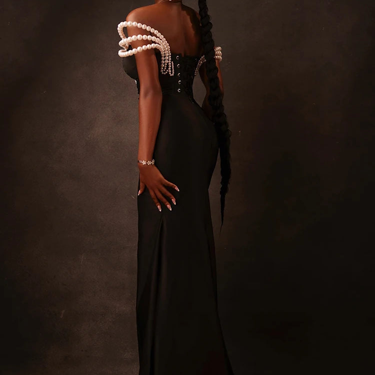 Chic Off-Shoulder Black Maxi Dress with Pearl Cut out High Slit Design for Gala Party Glamorous Gown
