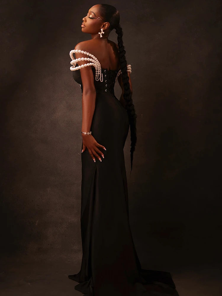 Chic Off-Shoulder Black Maxi Dress with Pearl Cut out High Slit Design for Gala Party Glamorous Gown
