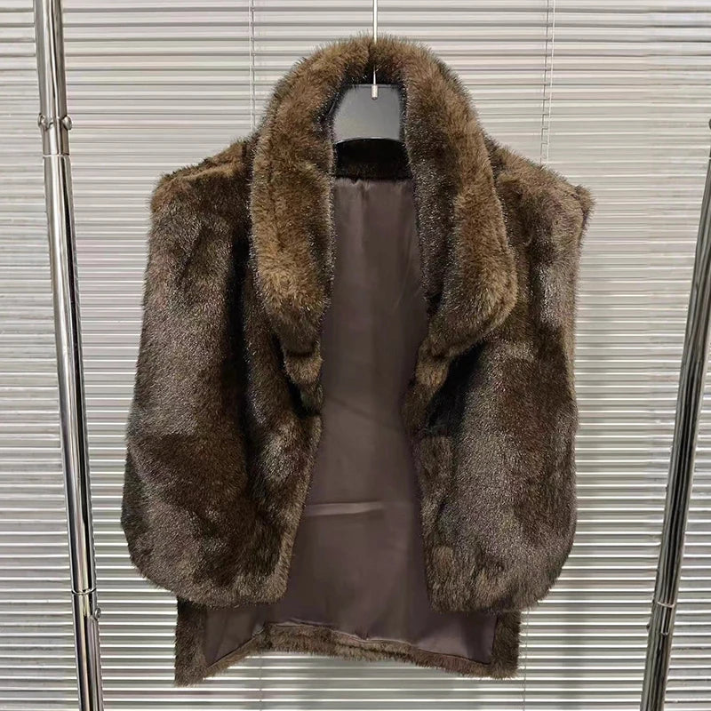 Autumn Winter Vintage Style Short Shawl Stand Collar Mink Fur Vest For Women Irregular Sleeveless Coat Female 11A07635 Brown One Size