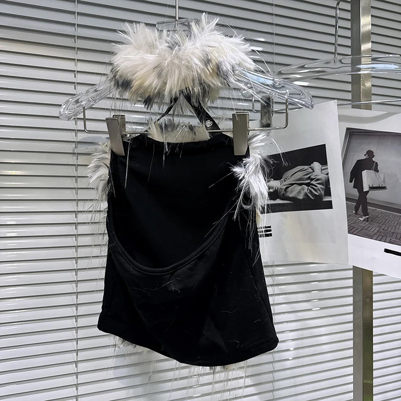 Winter New Fashion Leopard Print Contrast Color Fur Patchwork Backless Camisole For Women Halter Neck Vest 11A07607