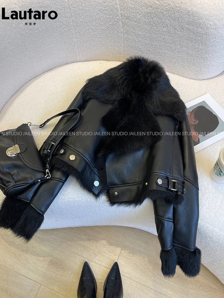 Lautaro Autumn Winter Cool Short Loose Black Thick Warm Soft Hairy Faux Sheepskin Coat Women Luxury Designer Fluffy Jacket 2025 Black