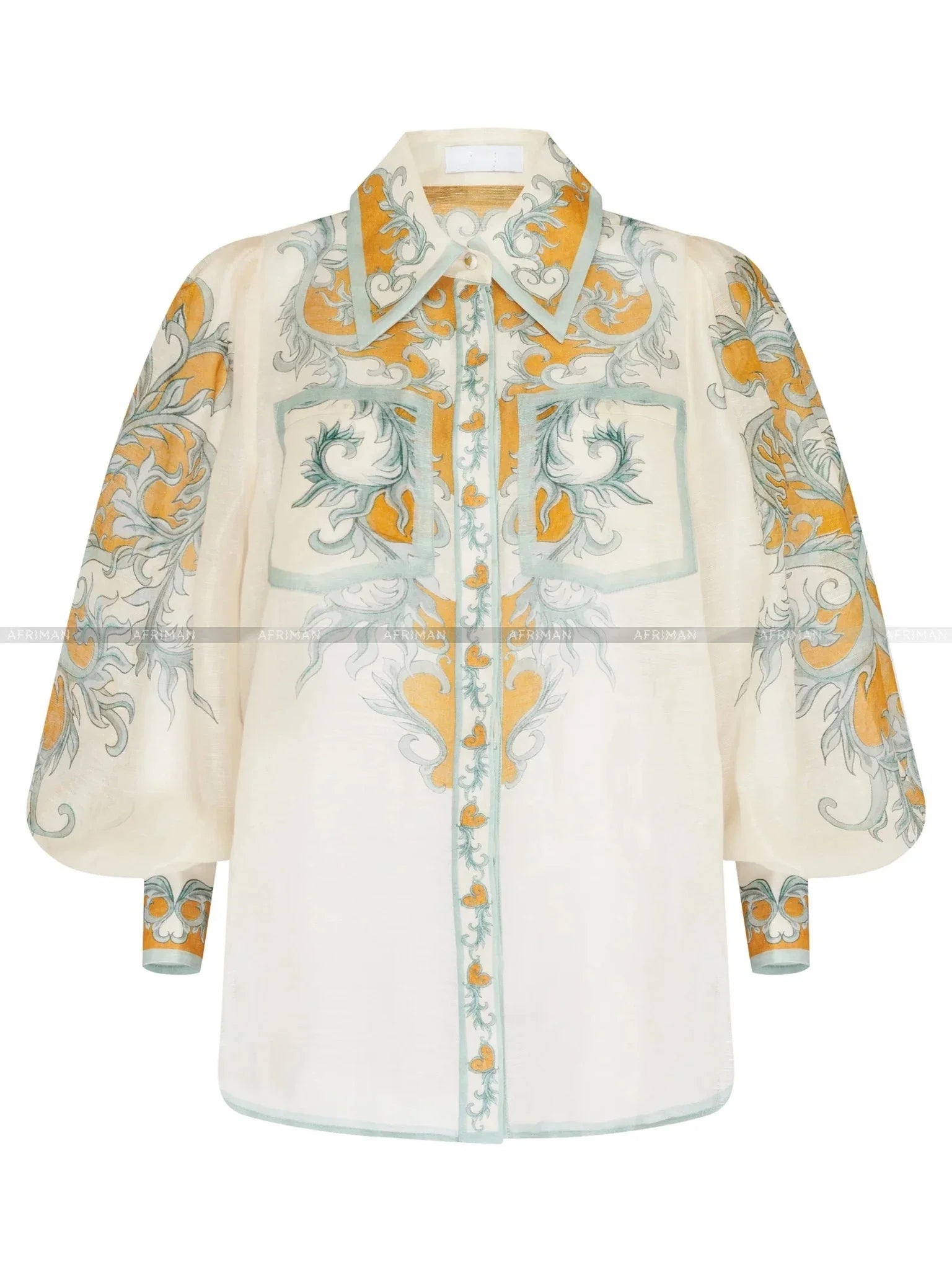 Women Position Printed Lantern Sleeve Lapel Loose Linen Shirt + Pleated Buttocks Wrapped Short Skirt Set top