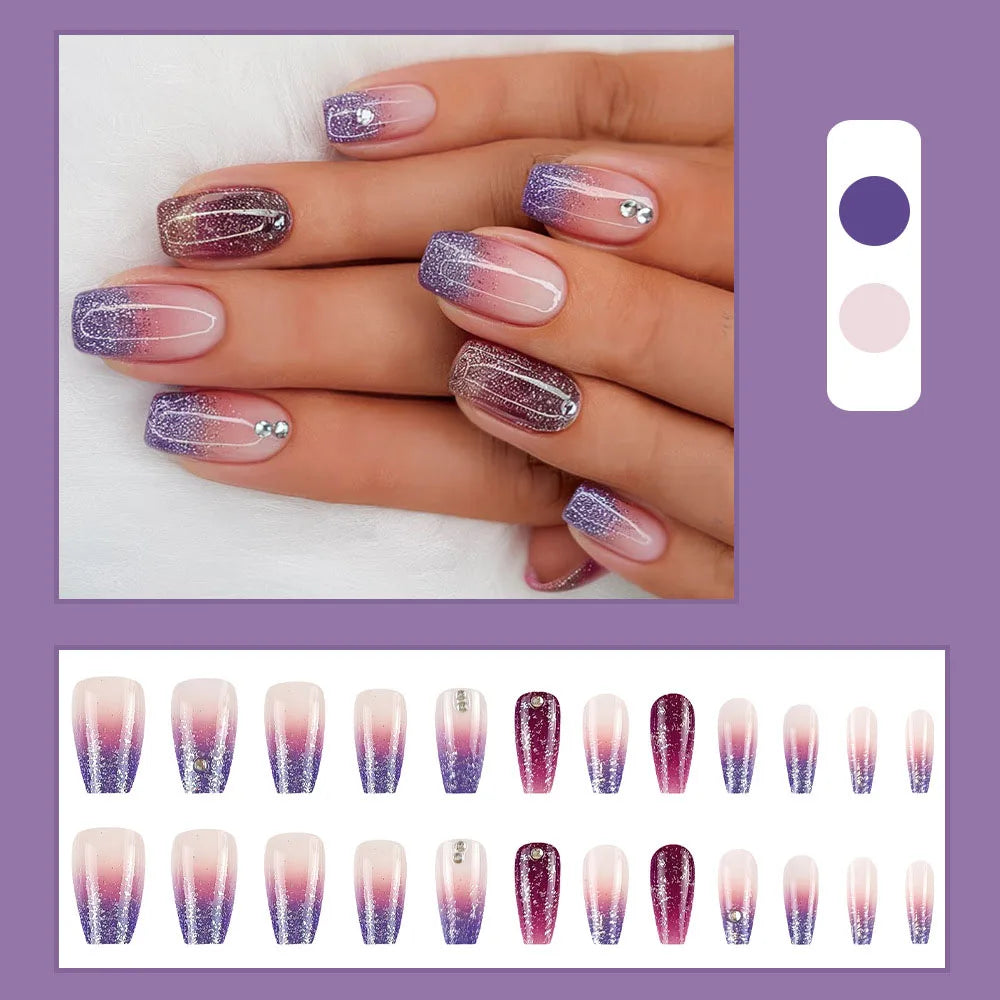 24pcs/set Short Medium fake nails for women girls gradient shiny glitters heart french Square almond tips Press on false nail 2233