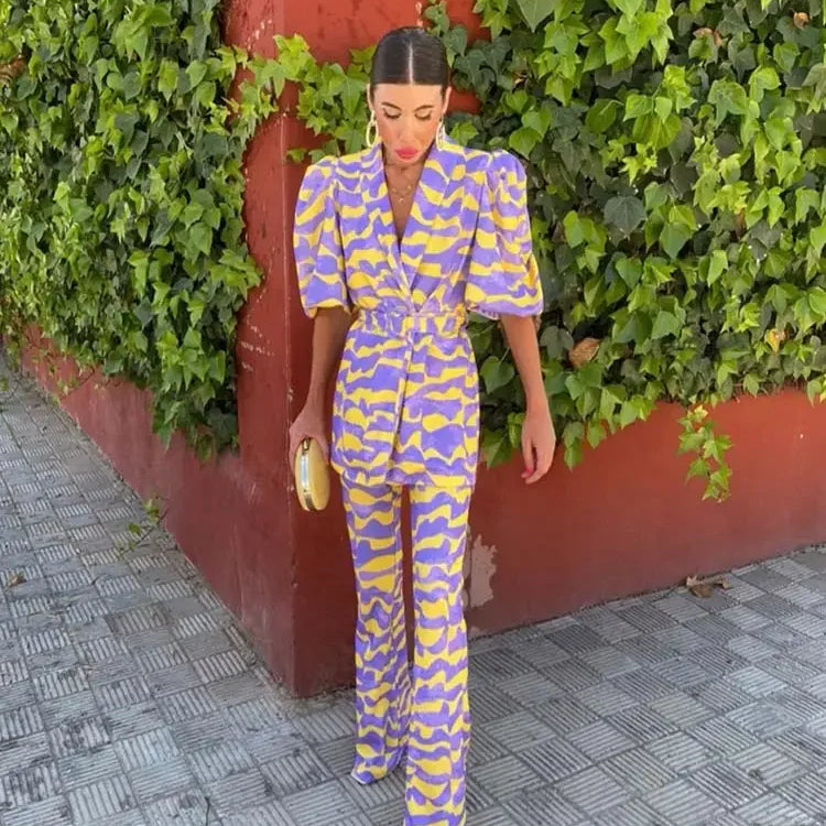 Wave Striped Print Blazer Pants Set For Women Loose Lapel Puff Short Sleeve Coat Suit New Elegant Female High Street Outfit