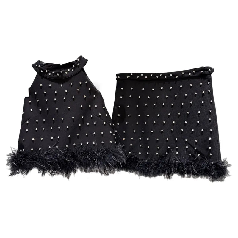 Winter New Fashion Rhinestone Feather Edge Halter Vest For Women Wrapped Hip A-line Skirt Female Trend 11A07864