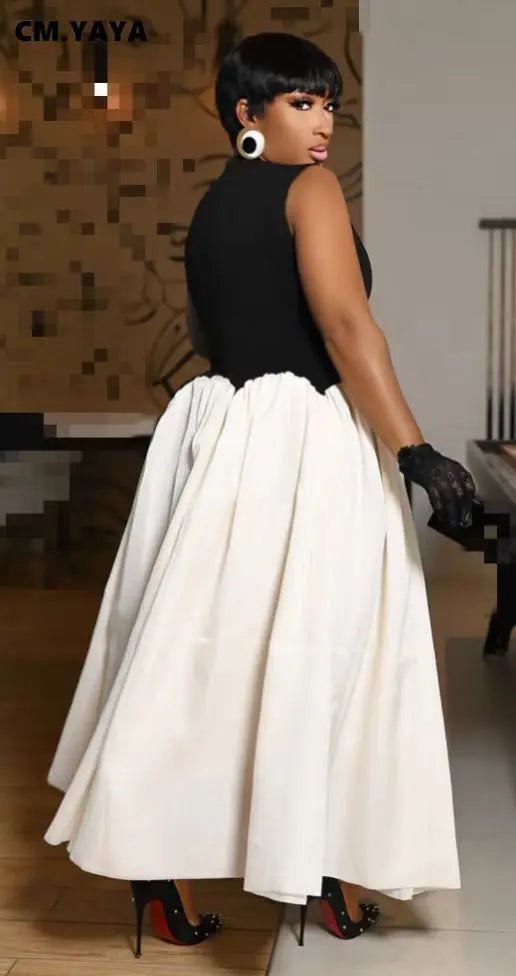 Summer Elegant Sleeveless Sweet O-Neck Patchwork Long Women Dress Beach Party Evening Sexy Pleated Big Swing Dresses