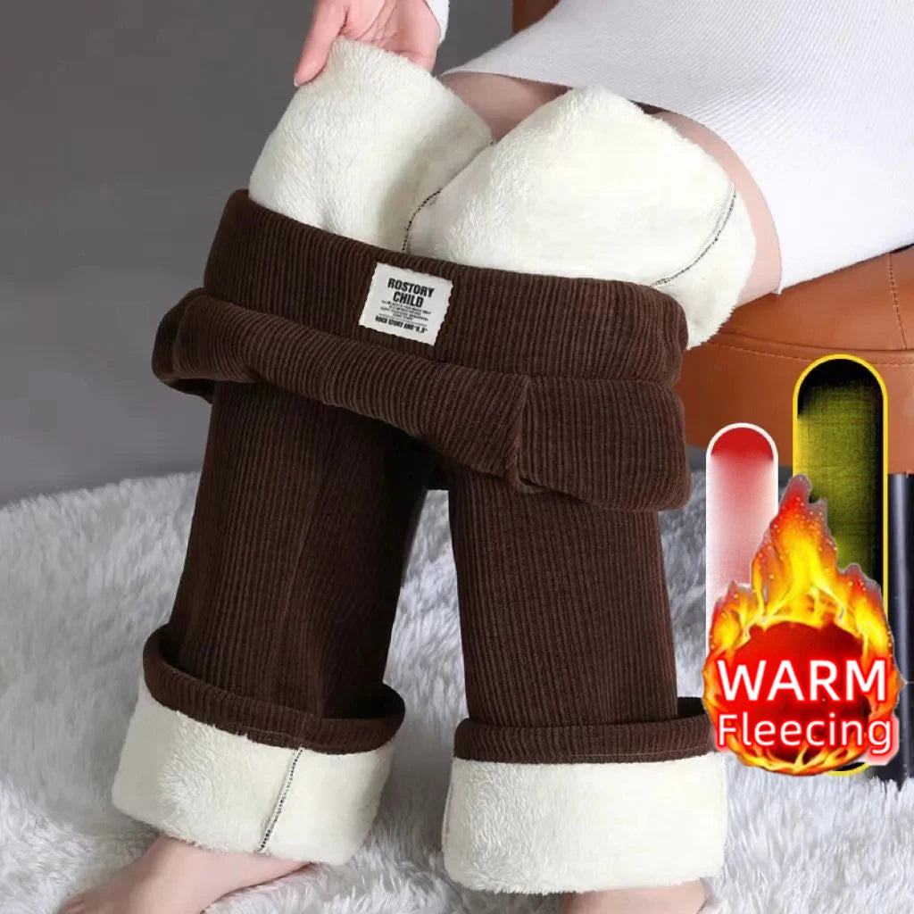 Winter Fleece Lined Wide Leg Pants CasualThicken Warm Baggy Sweatpants Women HighWaist Korean Lamb Fluff Straight Pantalones Coffee 1