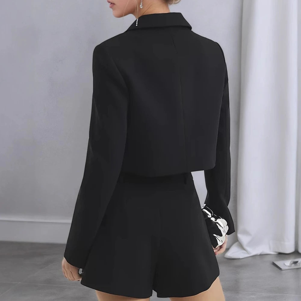 Solid Spliced Bead Two Piece Sets for Women Lapel Long Sleeves Patchwork Single Breasted Top Shorts Set Female New