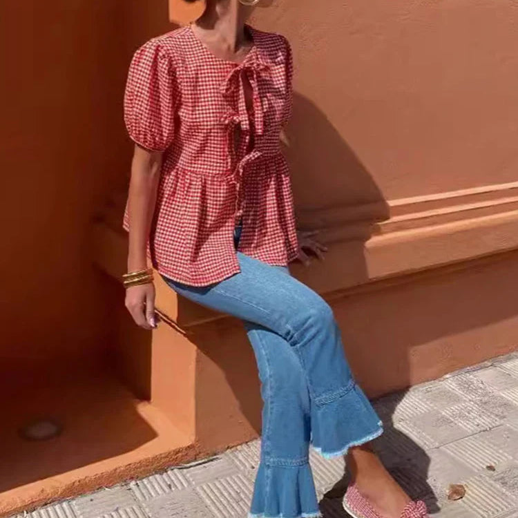 Red Plaid O-neck Lace Up Women Shirts And Blouses Puff Sleeve Hollow Out Women's Shirt Summer Casual Ruffles Female Tops