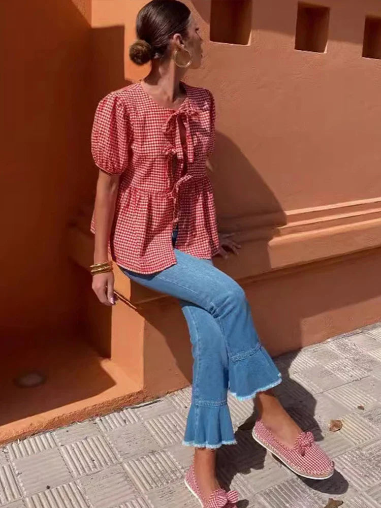 Red Plaid O-neck Lace Up Women Shirts And Blouses Puff Sleeve Hollow Out Women's Shirt Summer Casual Ruffles Female Tops