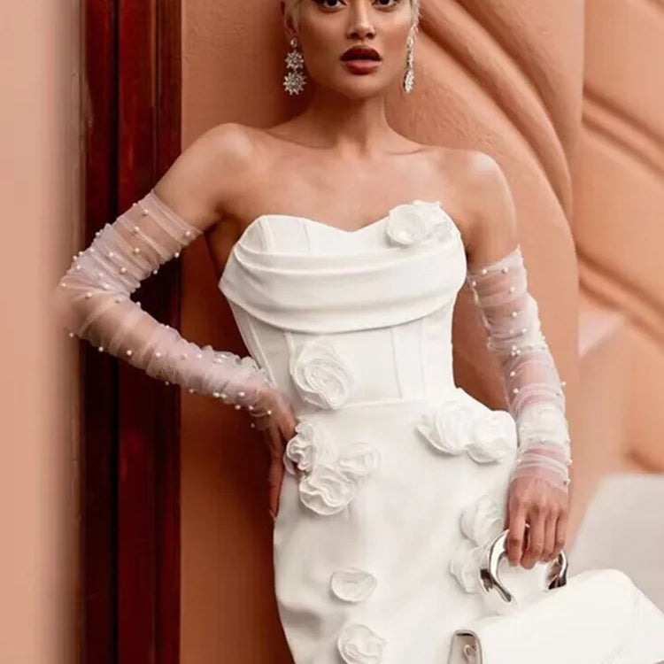 Women Celebrity Sexy Strapless Backless Flower White Maxi Long Bodycon Bandage Dress 2024 Elegant Evening Club Party Dress