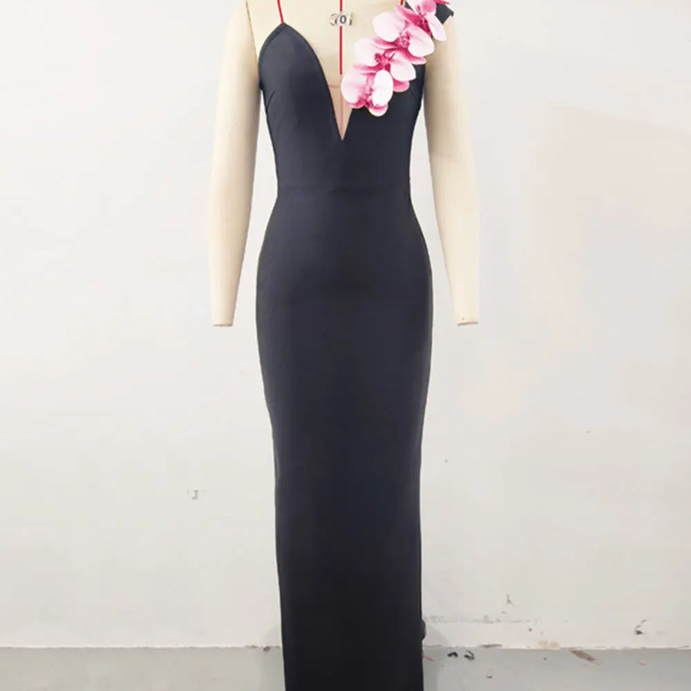 2024 Sexy Women's 3D Flower Decoration Long Dress Strapless Sleeveless Bodycon Backless Max Dress Cocktail Evening Party Vestido black