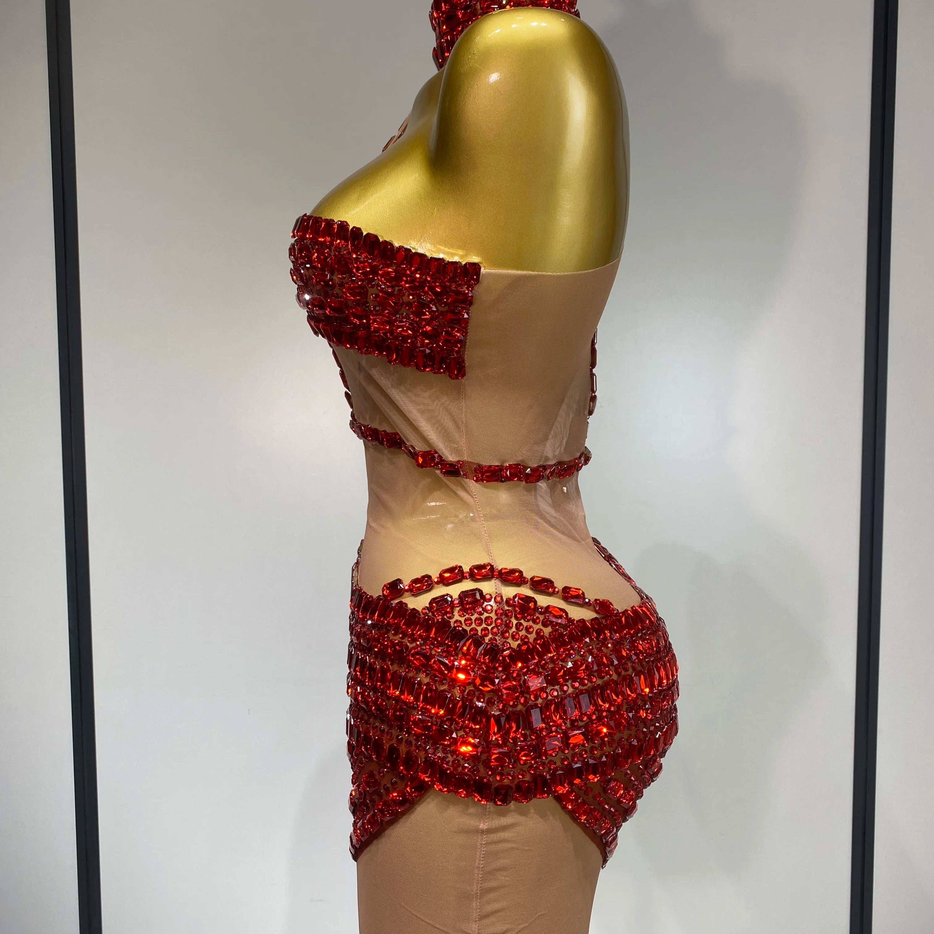 Sparkly Red Rhinestone Mini Dress Womer Sexy Mesh Birthday Wedding Party Prom Gowns Drag Queen Costume Singer Stage Outfit