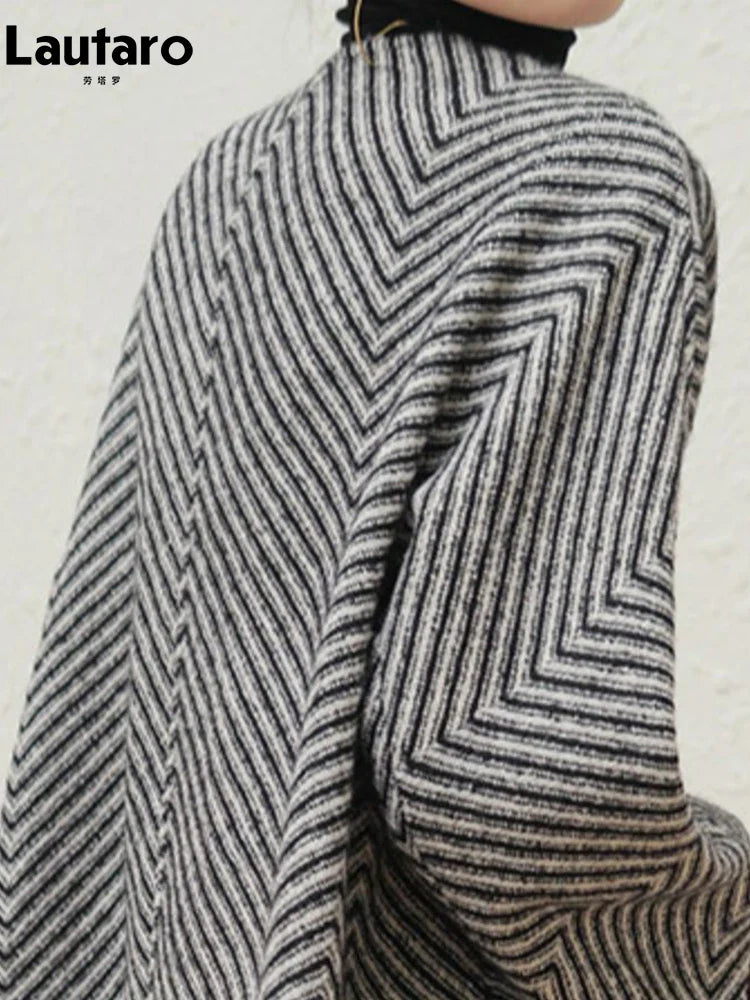 Autumn Winter Black and White Zigzag Woolen Coat Women Sashes A Line Loose Elegant Stylish Runway Korean Fashion 2022