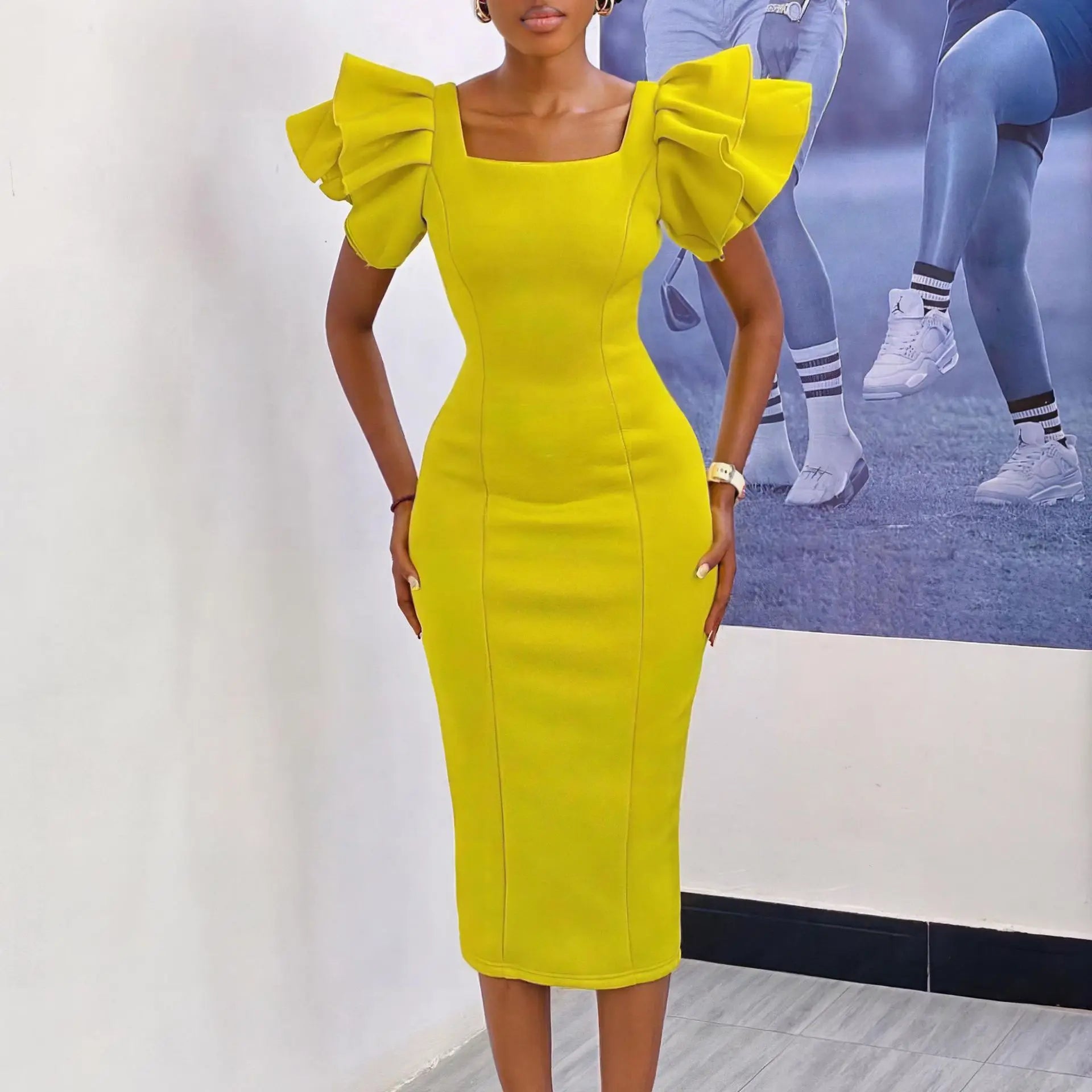 Women Ruffles Short Sleeve Square Collar Knee Length Dress Street Vestidos Sexy Night Club Party Evening Chic Dresses Yellow