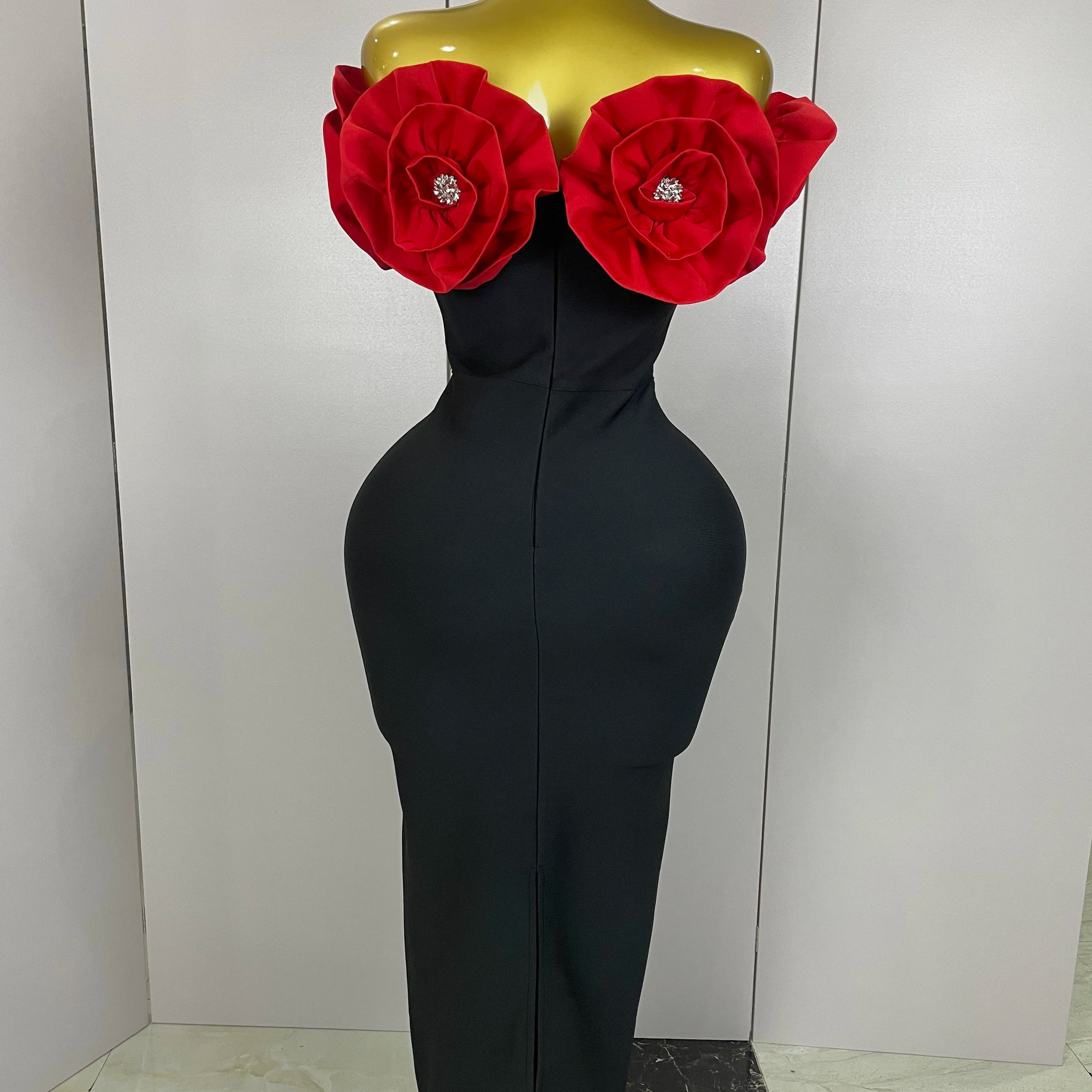 New Stereoscopic Red Flowers Sexy Off The Shoulder Ankle Lenght Bandage Dress Woman Birthday Party Vestido Wedding Party Outfit