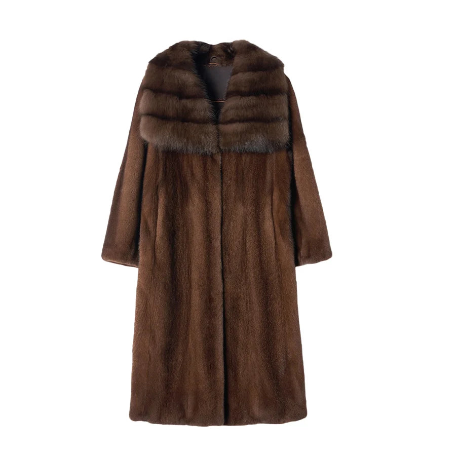 Lautaro Winter Long Luxury Elegant Thick Warm Soft Brown Faux Mink Fur Coat Women Turn-Down Collar Loose Stylish Furry Overcoat