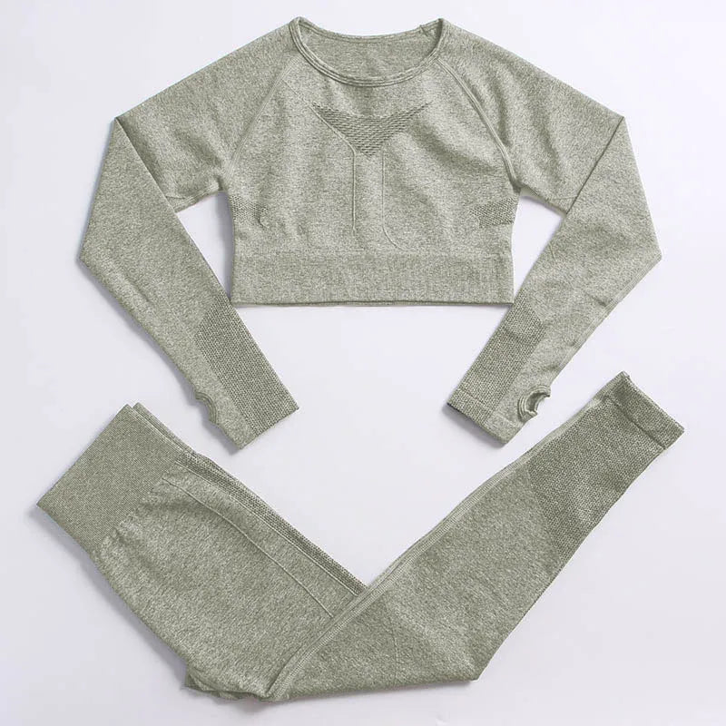 2PCS Seamless Women Sports Suits Yoga Set Workout Sportswear Gym Clothing Fitness Long Sleeve Crop Top High Waist Leggings ShirtsPantsGreen