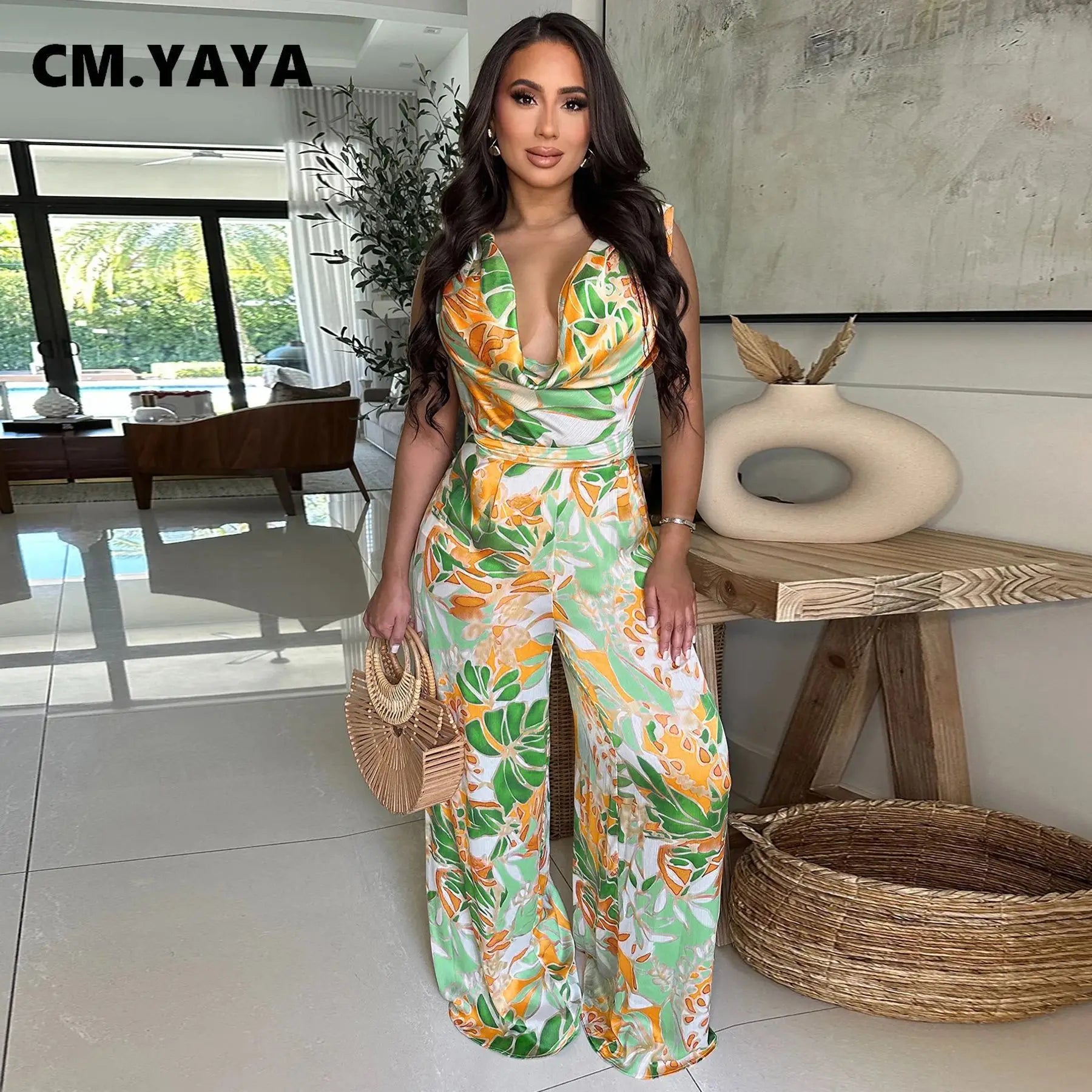 Leaf Printed Women Wide Leg Pile Neck Sleeveless Satin Jumpsuits 2025 Summer Beach Club Playsuit One Piece Suit Romper