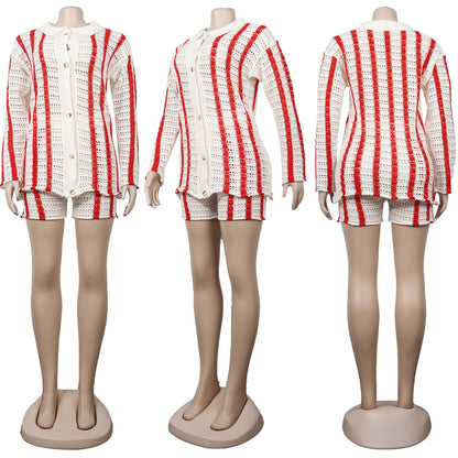 Pull tricoté rayé, Cardigan et short, ensemble deux pièces pour femmes, vêtements assortis à la mode d'automne 