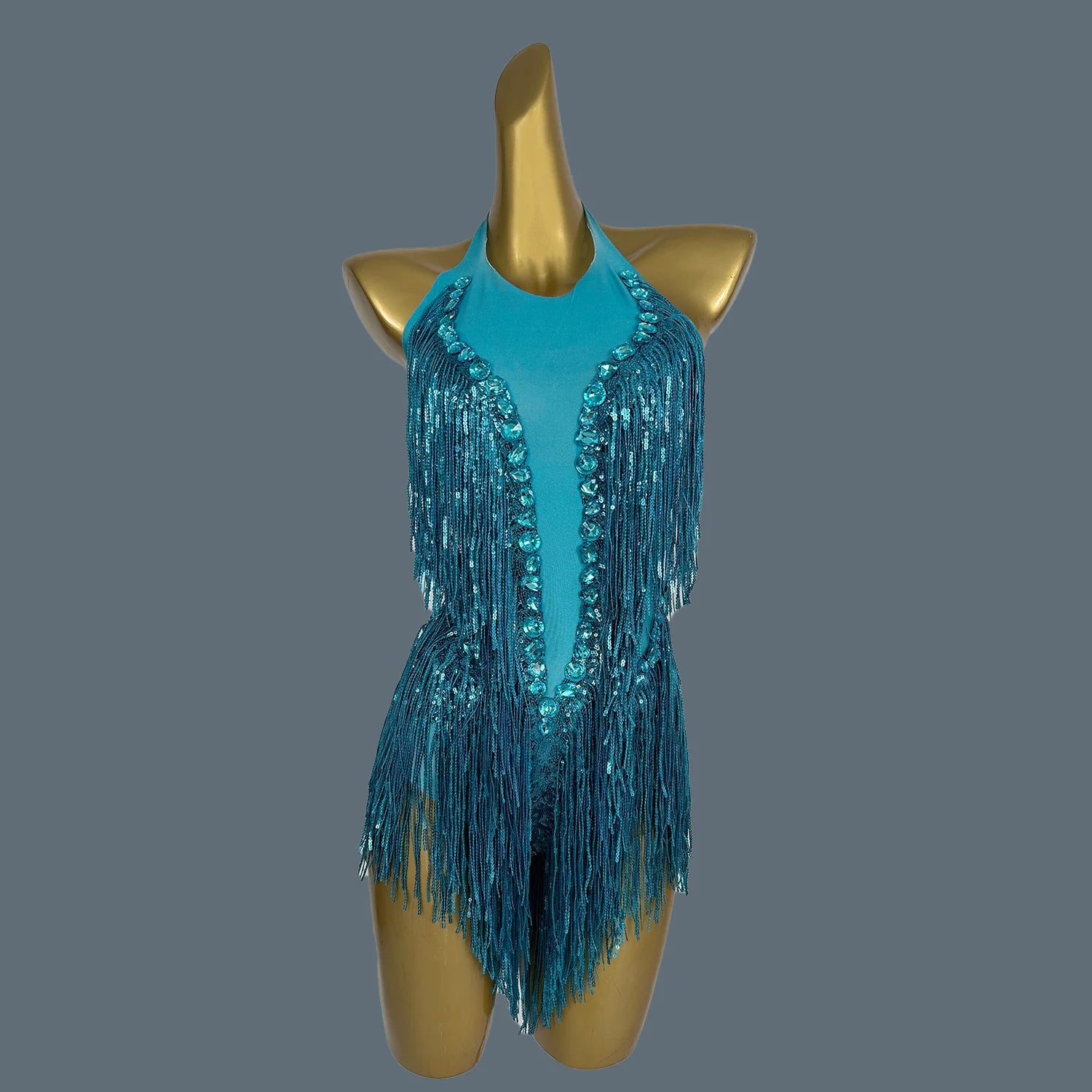 Sparkly Women White Tassel Leotard Sexy Pearls Sequins Fringes Bodysuit Club Performance Wear Party Stage Dance Costumes Shuye Lake Blue One Size