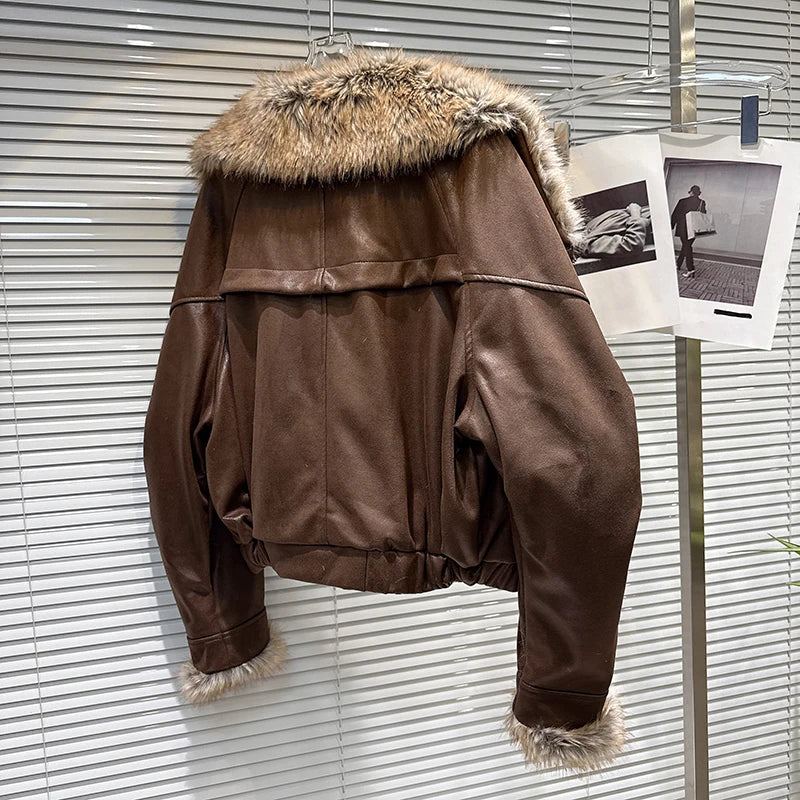 Winter New Fashion Big Fur Collar Suede Cotton Padded Coat For Women Warm Motorcycle Leather Jacket Female 11A07510