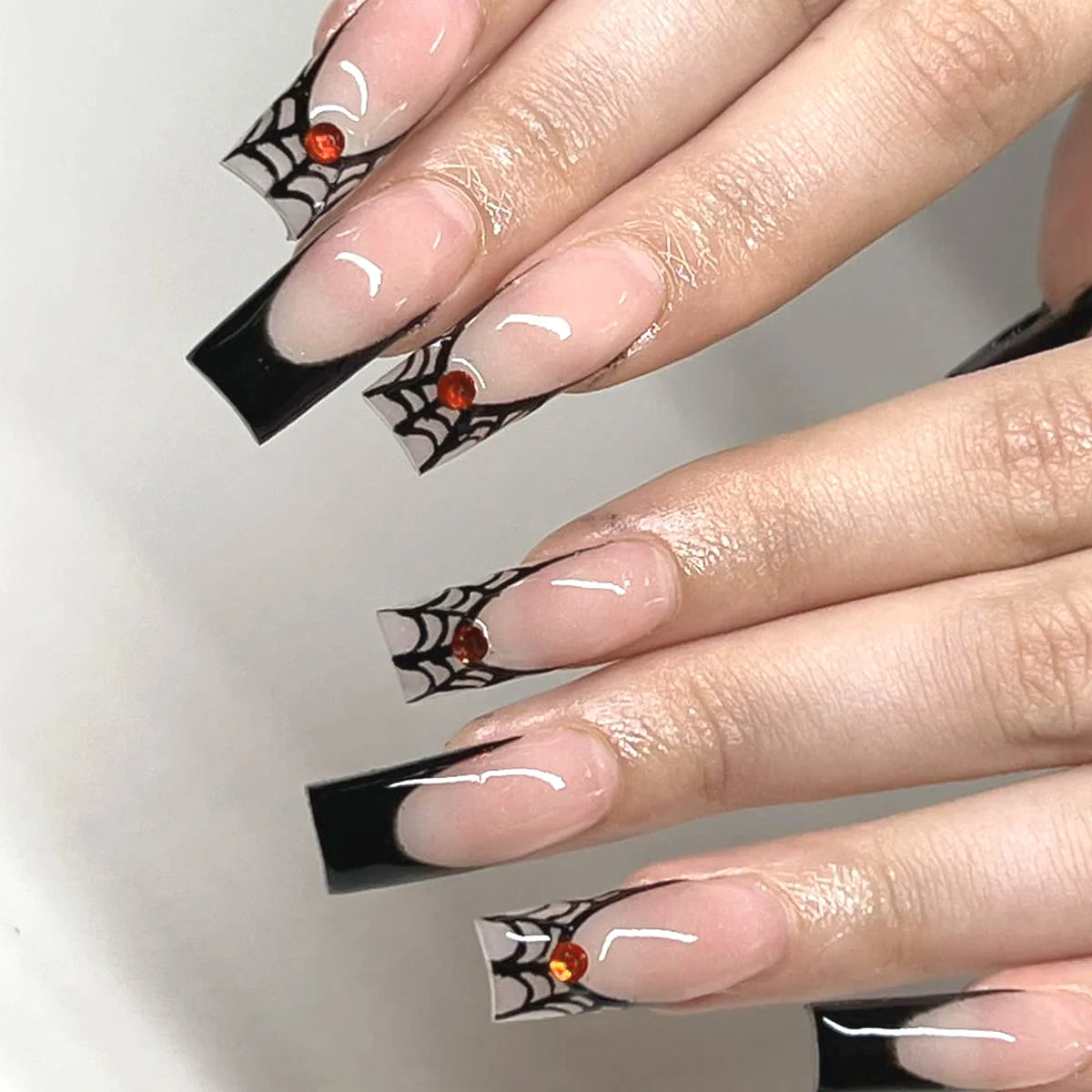 24pcs Halloween Gothic Fake Nail with Black Spider Bow Design False Nails European Long Coffin French Press on Nails Wearable 2