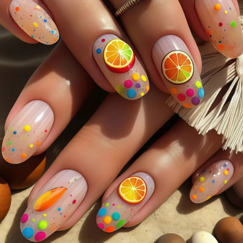 24Pcs Short Round Almond Lovely False Nails Full Cover Fresh Cartoon Fruit Pattern Designs Wearing Nails Art French Summer Nails 13