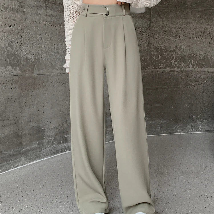 Seoulish High Waist New Suit Wide Leg Women‘s Full Pants Spring Summer Female Elegant Minimalism Straight Loose Trousers Army green(longer)