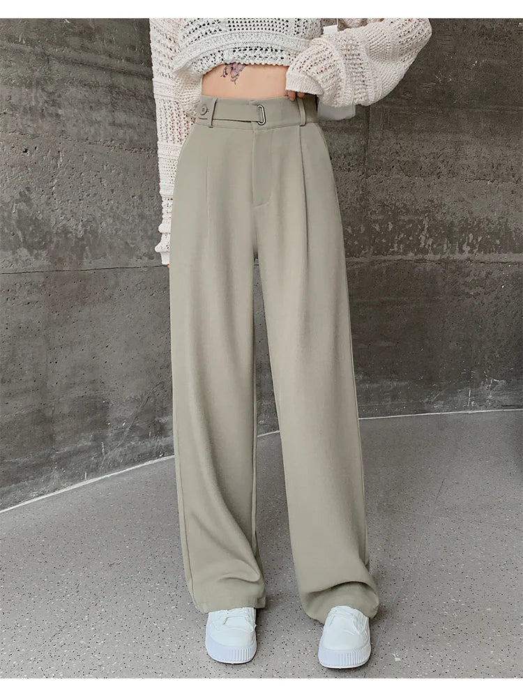 Seoulish High Waist New Suit Wide Leg Women‘s Full Pants Spring Summer Female Elegant Minimalism Straight Loose Trousers Army green(longer)