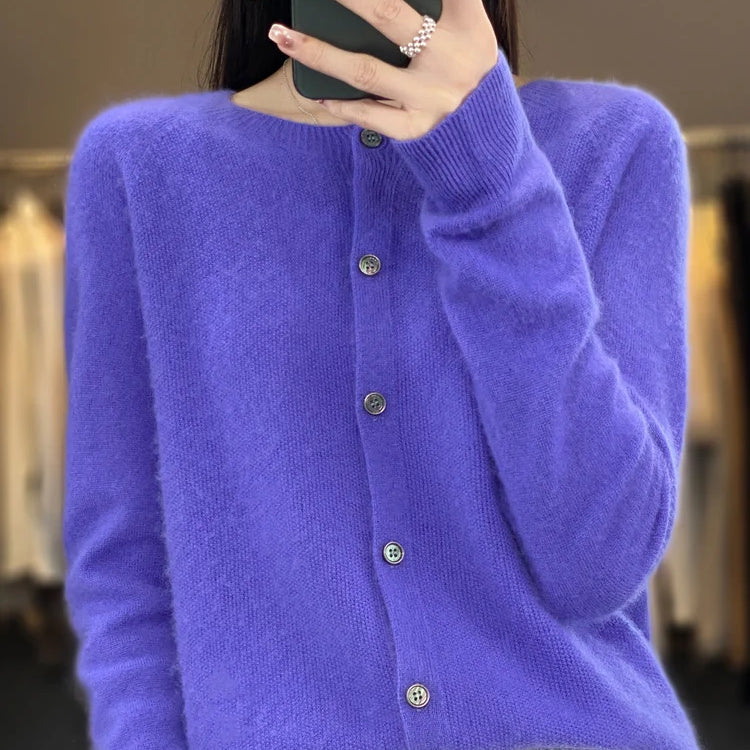 Aliselect Autumn Winter Women 100% Merino Wool Sweater O-Neck Tops Long Sleeve Basic Cashmere Knitwear Cardigan Clothing Coat