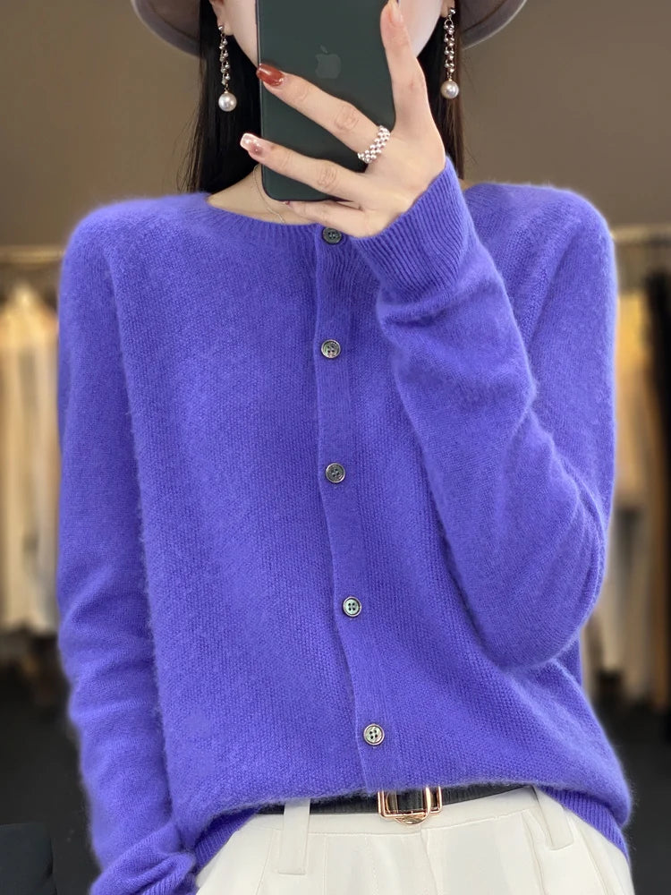 Aliselect Autumn Winter Women 100% Merino Wool Sweater O-Neck Tops Long Sleeve Basic Cashmere Knitwear Cardigan Clothing Coat