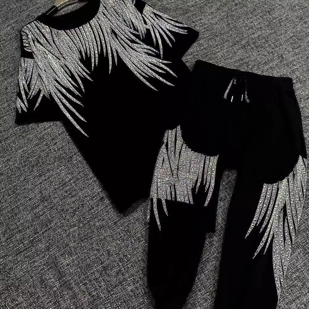 Oversized high-waisted nine-inch Harem pants summer new men's and women's tight-fitting heavy Rhinestone women's sportswear set