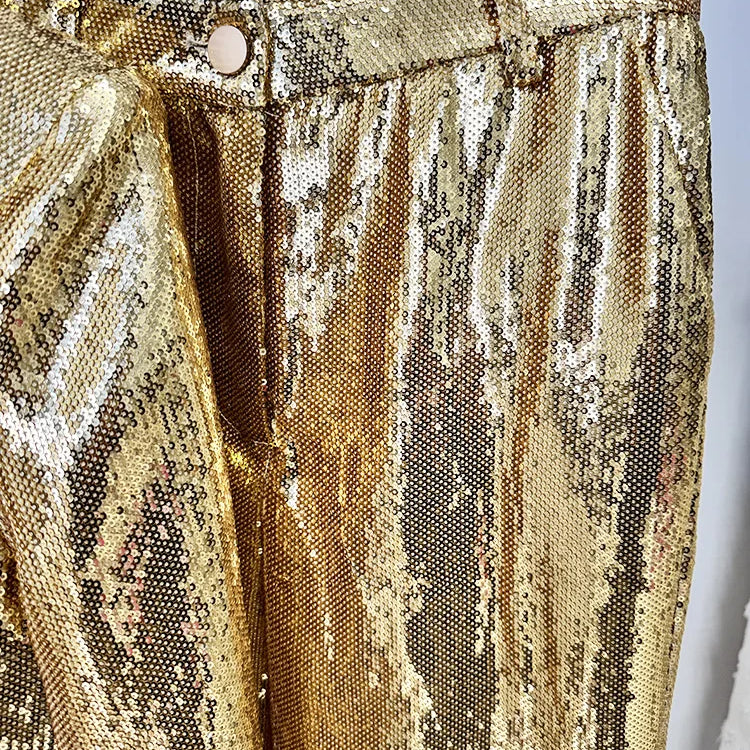 2025 New Autumn Golden Sequins Women Long Sleeve Deep V-Neck Slim 2 Pieces Women's Set Elegant Evening Party Cocktail Wear