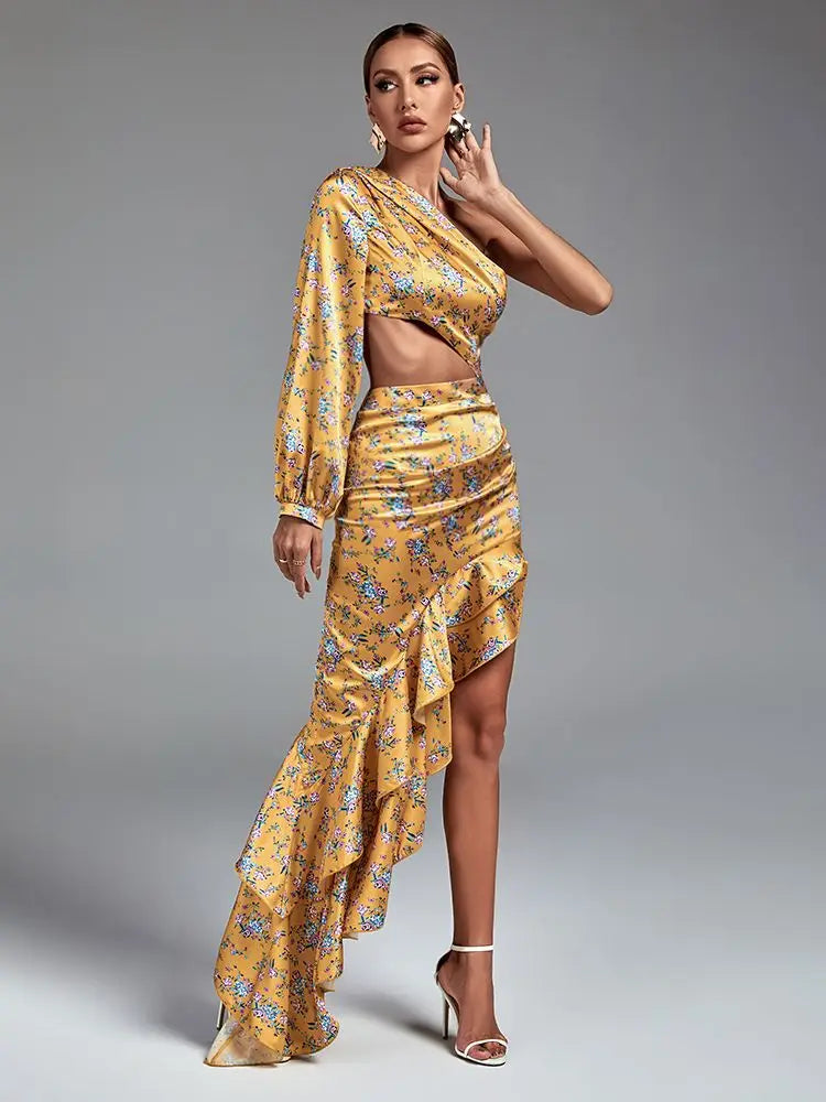 Floral Print Long Dress Women Luxury Evening Party Dress Elegant Ruffle Sexy One Shoulder Birthday Club Outfits Summer 2023