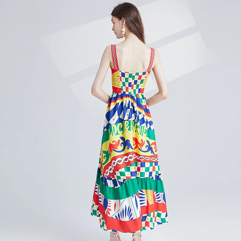 JAMERARY Floral Midi Long Rainbow Stripe Dress Women Fashion Runway Summer A Line Elastic Back Letters Print Vestidos 2023 New