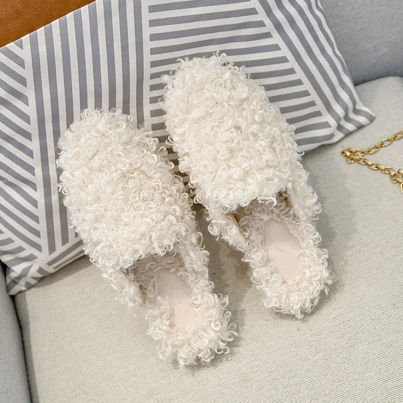 women's winter plush slippers Fashion round head design flat shoes Outdoor and Office and Home Large size 41-43 free delivery Ivory