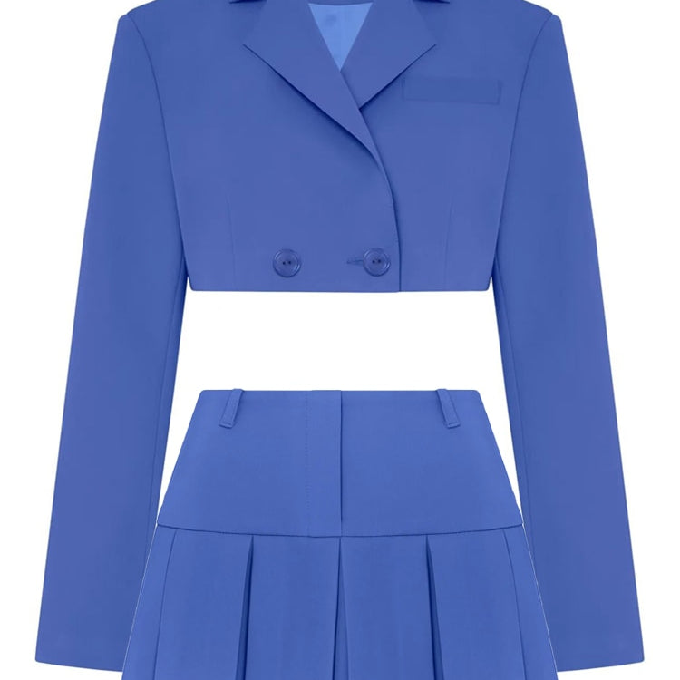 Taruxy Casual Two Piece Sets Women's Fall Outfits 2022 New Black Matching Sets With Skirt And Blazer Cropped Top Suit For Women Blue Suit