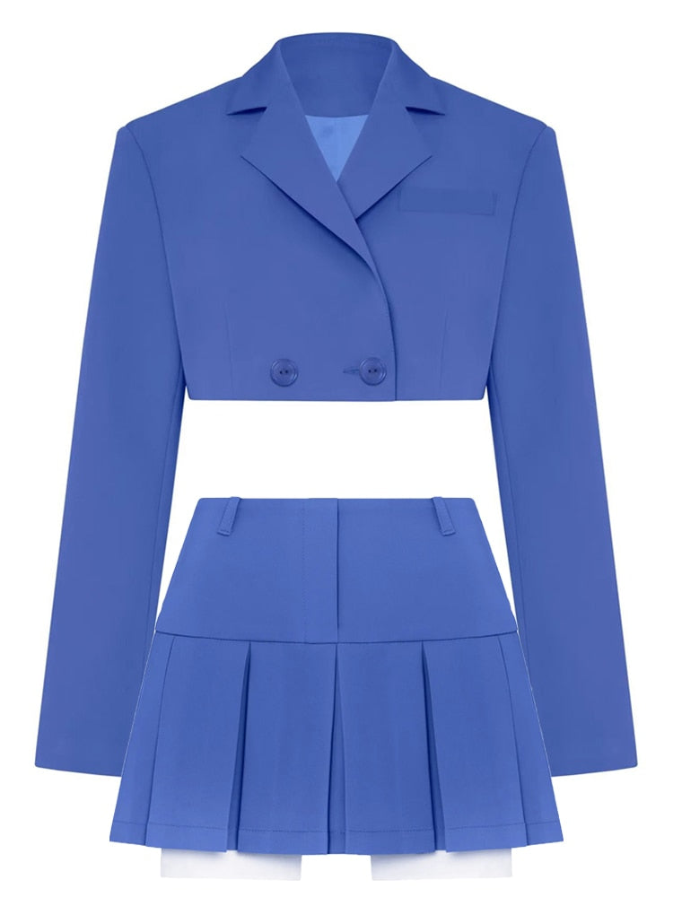 Taruxy Casual Two Piece Sets Women's Fall Outfits 2022 New Black Matching Sets With Skirt And Blazer Cropped Top Suit For Women Blue Suit