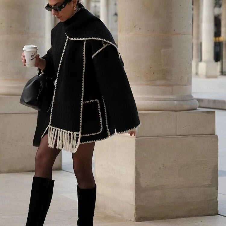 Woolen Jacket Women 2024 Autumn Winter Patchwork Tassel Coats Casual Fashion Long Sleeve Loose Top Warm Women's Suit Streetwear