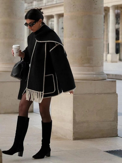 Woolen Jacket Women 2024 Autumn Winter Patchwork Tassel Coats Casual Fashion Long Sleeve Loose Top Warm Women's Suit Streetwear