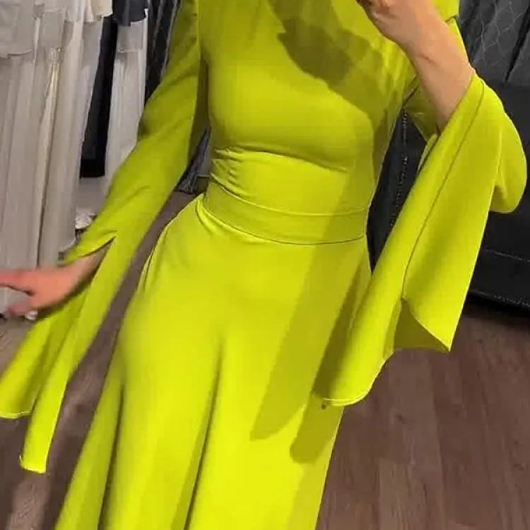 Onecozyday New Women Elegant Evening Dresses Ruffled Sleeve Turtleneck High Waisted Slim Fit Pleated Floor Length Dress