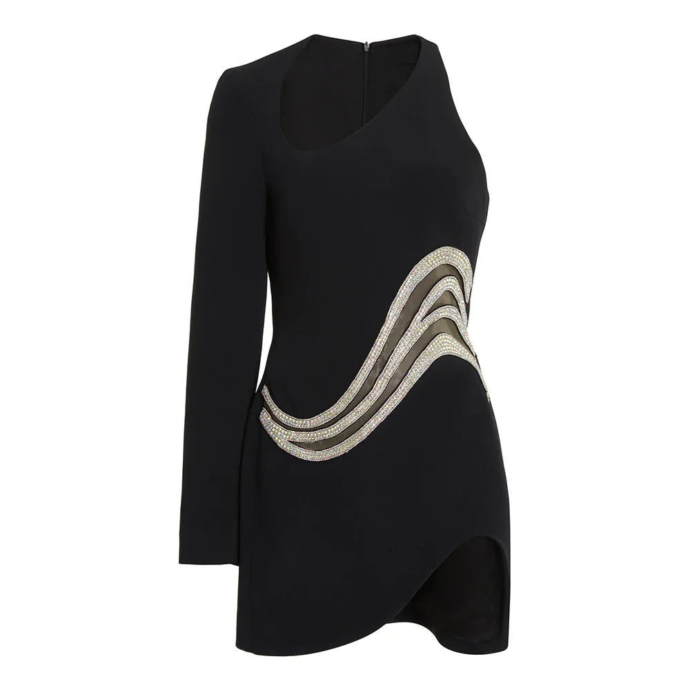 BEVENCCEL Women's New One Shoulder Long Sleeve Mesh Patch Diamond Bandage Dress Elegant Sexy Club Evening Party Mini Dress black