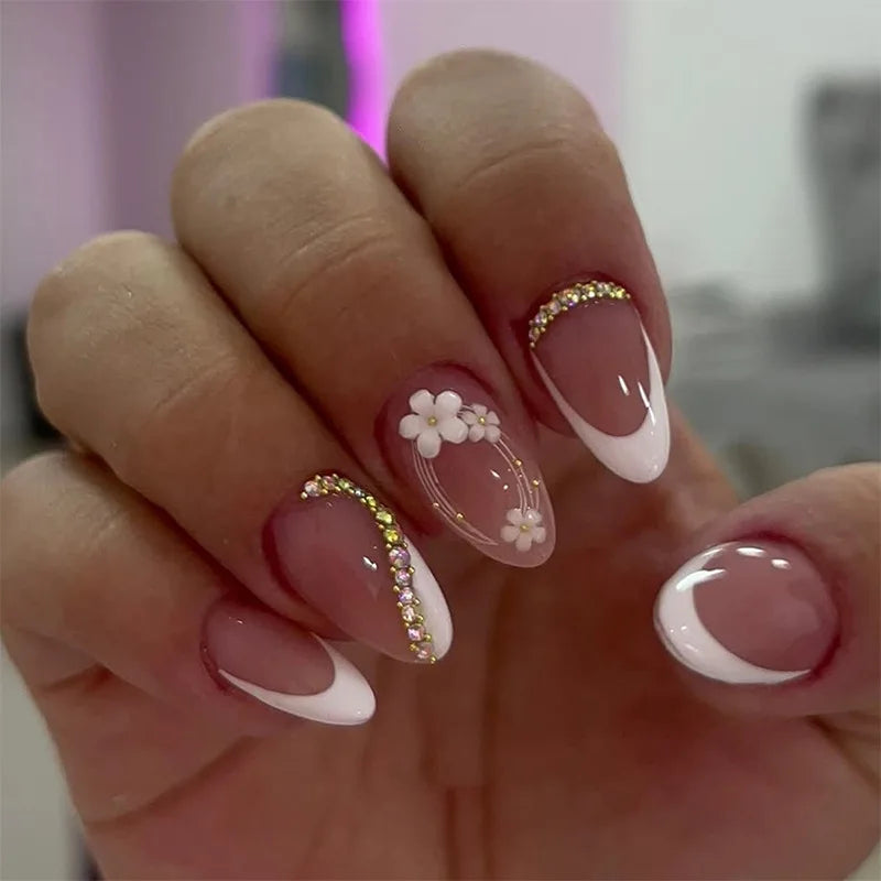 24Pcs Fashion Color 3D Flower Nail Tip French Vibrant Wearing Nail Art Short Almond Acrylic Manicure Set with Jelly Glue Summer 3