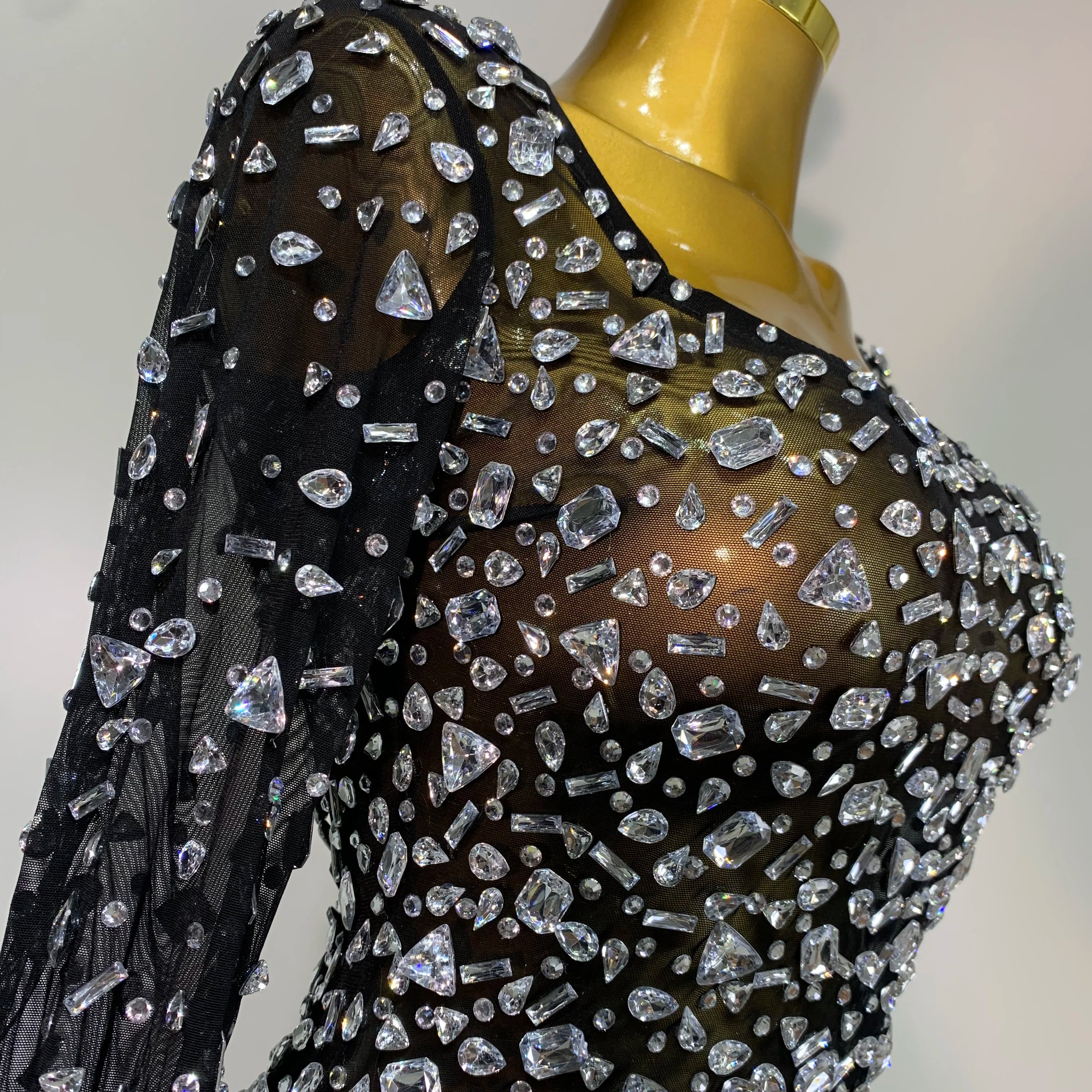 Sparkly Rhinestone Sexy Transparent Mini Dress Celebrity Evening Party Prom Birthday Photo Shoot Nightclub Stage Costume