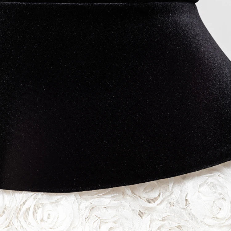 Vintage Glam Party Three-Pieces Strapless Mini Dress Outfit Black Velvet Bustier & White Floral Skirt