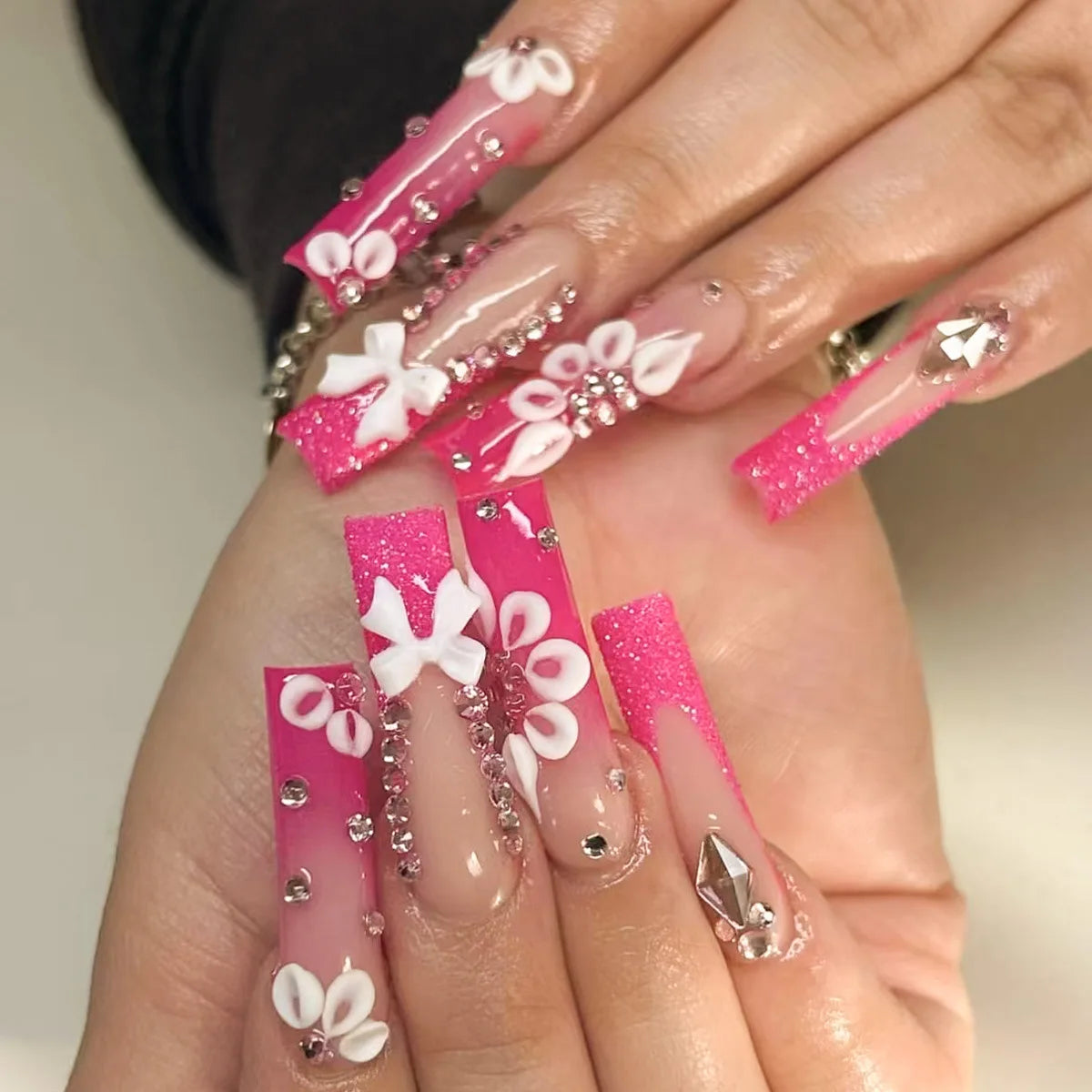 24Pcs Wearable False Nails with Rhinestone Long Square Press on Nails French Pink Flower 3D Bow Design Fake Nail Manicure Tips 382