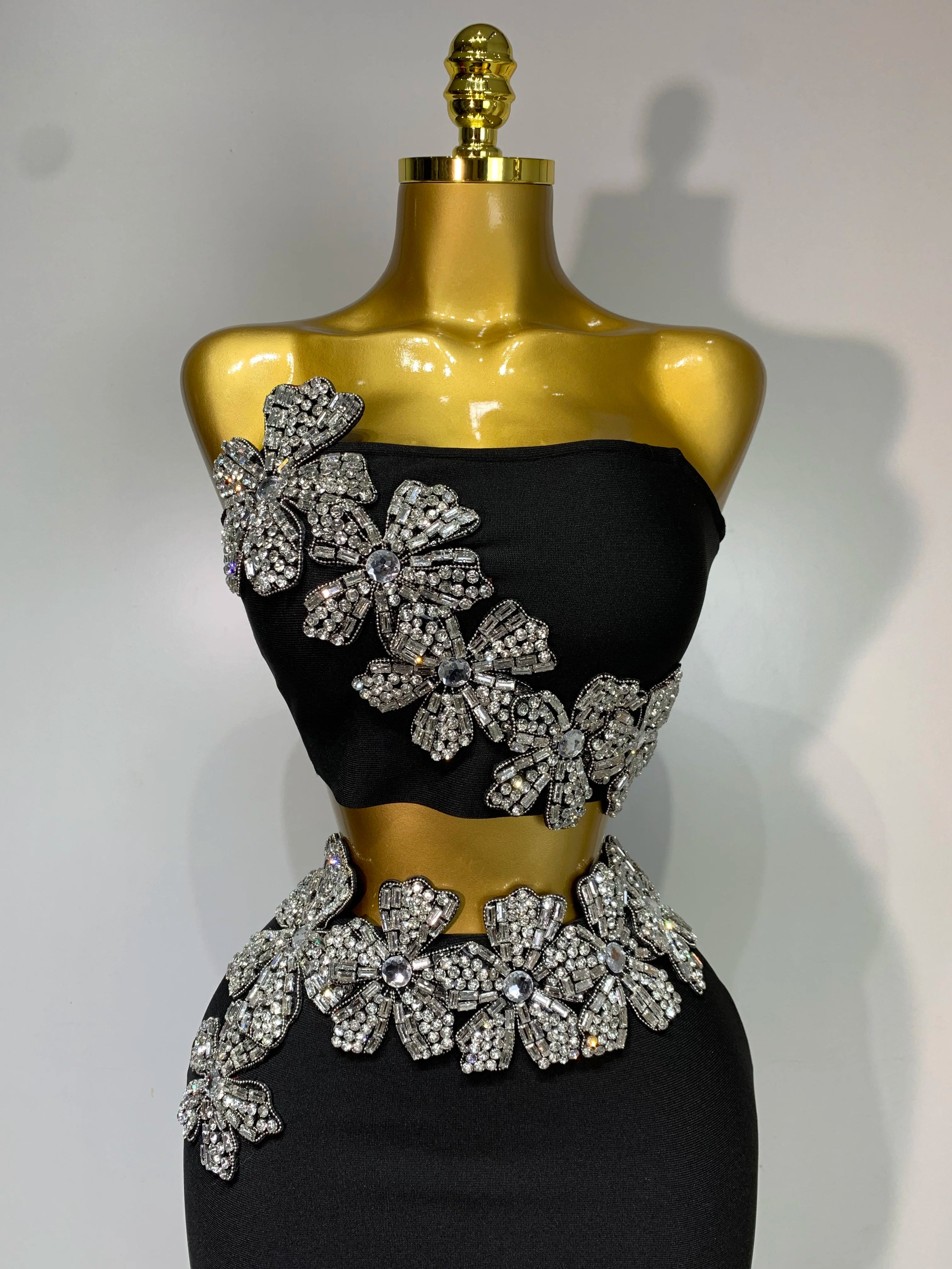 Women Sexy Strapless Flower Diamonds Black Maxi Long Bandage Two Piece Set 2025 Knitted Elegant Evening Club Party Prom Gowns