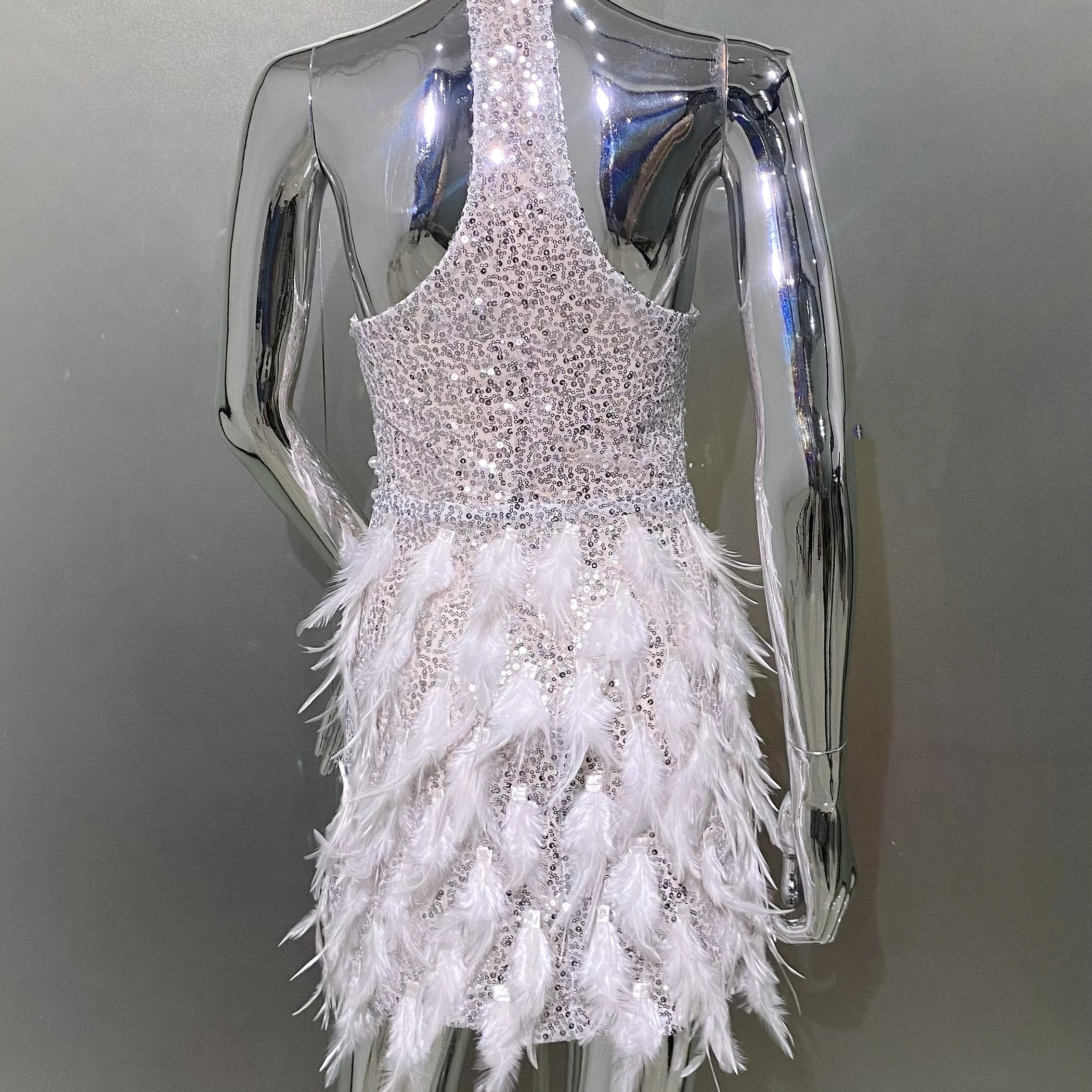 Gorgeous Feathers Beading High Slit Strapless Long Dress Woman Evening Dress Celebrity Birthday Party Outfit