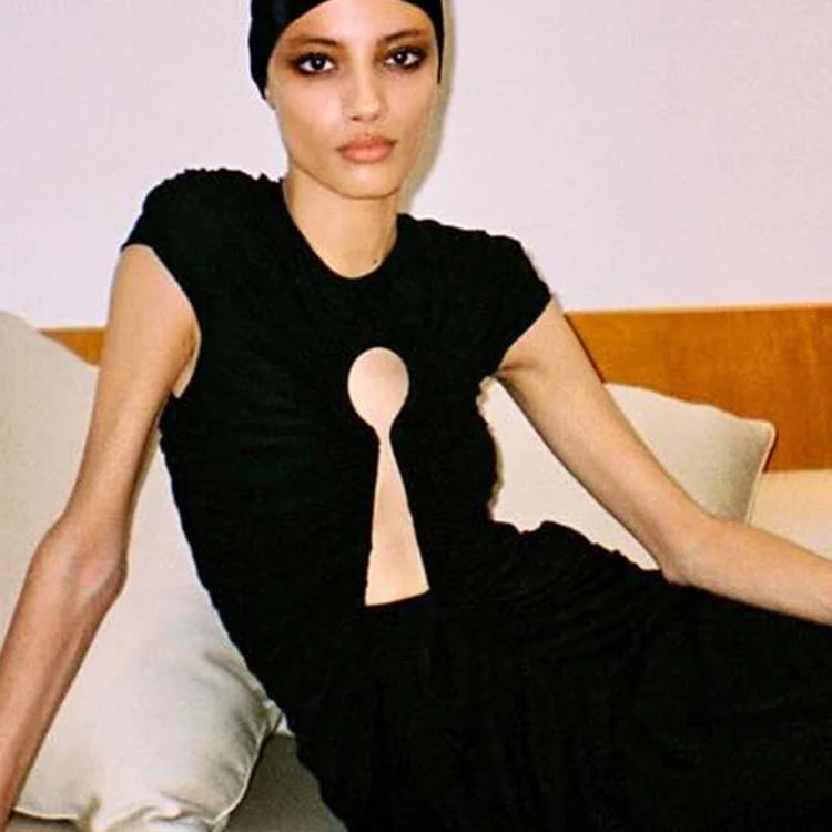 Black Long Key Hole Dress Bustier Ruched Mesh Maxi Dress Round Neck With Gloves Cocktail Party Evening Gowns for Night Out